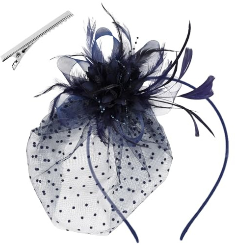 GWAWG Damen Fascinator Hut mit Marineblauem Schleier, Federn, Retro Kopfschmuck mit Netzheadband & Clip für Hochzeit, Party, Cocktail, Karneval, Ball
