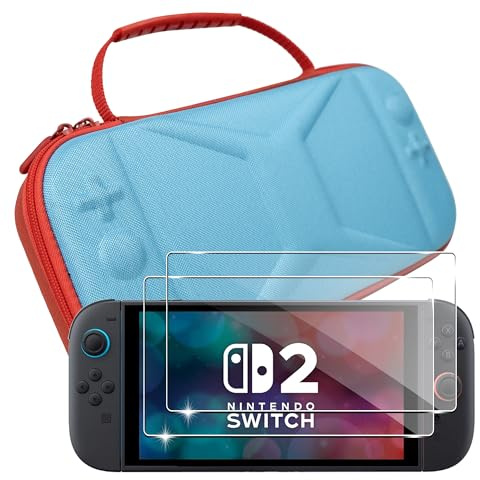 Lemxiee Pochette Housse pour Nintendo Switch 2 Coque + [2 Pièces] Protecteur d'écran Verre Trempé pour Nintendo Switch 2 (2025) 7.9 Accessoire