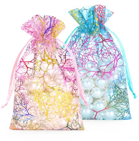 G2PLUS Korallen Organzasäckchen 10x12cm: 50 Stück Korallendruck Organza Säckchen mit Kordelzug, Blau und Rose Organza Geschenkbeutel für Geburtstag, Weihnachten, Schmuckbeutel, Geschenktüten