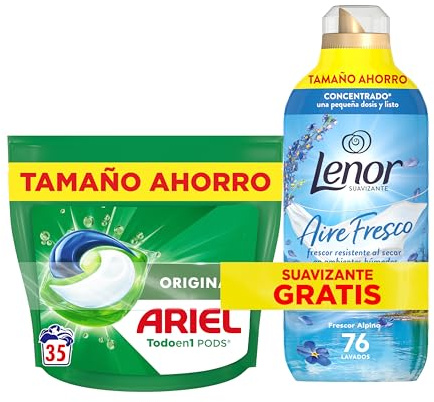 Ariel Todo En 1 PODS, Detergente Líquido Para Lavadora 35 Capsulas/Pastillas, Original, 5 Acciones, Limpieza Increíble + Lenor Aire Fresco Suavizante Para Ropa Frescor Alpino 76 Lavados, 1.064L