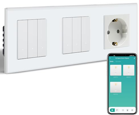 BSEEDLIFE Smart Zigbee Lichtschalter mit Normal Steckdose, Intelligente Taste Schalter Unterputz Kompatibel mit Alexa und Google Home, 228 * 86mm 3-Fach Wandschalter*2+Schuko Steckdose*1, Weiß