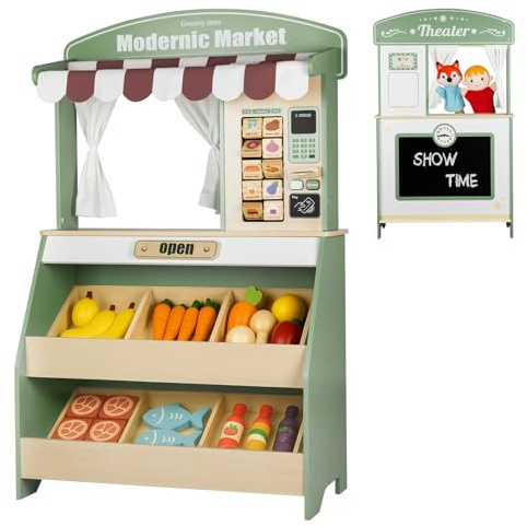 DREAM BUILDING Kids Grocery Store Pretend Play, Puppet Theater&Grocery Store Playset Toy Double-Sided, Toddler Supermarket Toy Cash Register w/Blackboard, Display Shelves, Gift for Boys Girls, Green
