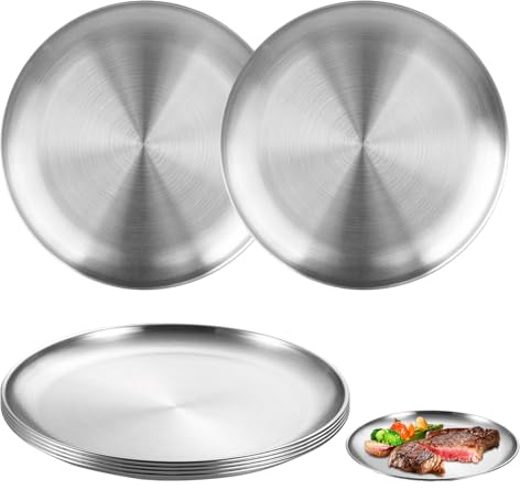 OMJMYY Edelstahl Teller 6 Stück Ø 20 cm - 304 Metall, Spülmaschinenfest & Rostfrei - Robuste & Unzerbrechliche Campingteller für Picknick, Küche, Party, Grillen