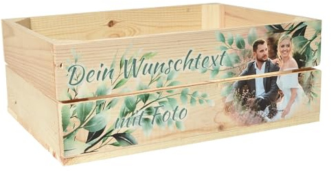 CHICCIE Holzkiste Farbig Personalisiert mit Wunschtext für jeden Anlass - Bedruckte Erinnerungskiste Geburtstag Hochzeit (Eukalyptus Foto)