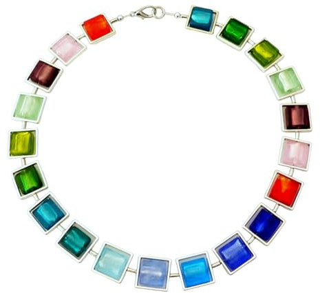 Generisch Halskette Collier silberfarbene Metallrahmen Glas handgefertigt Lampwork Quadrat rot grün blau gelb mehrfarbig bunt 294