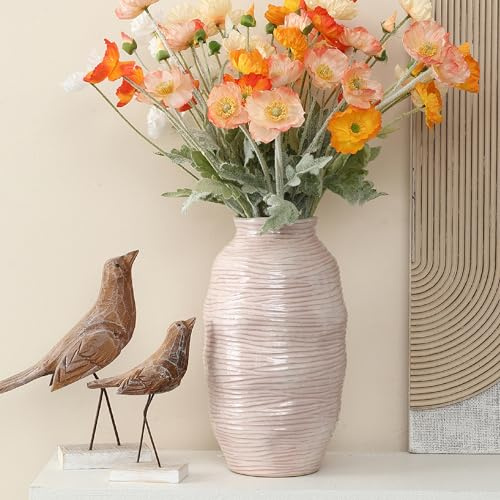 Hometopia Keramikvase Modern – Rosa Dekovase & Blumenvase mit Wellen-Struktur, groß Tischvase für Trockenblumen, 31,5 cm