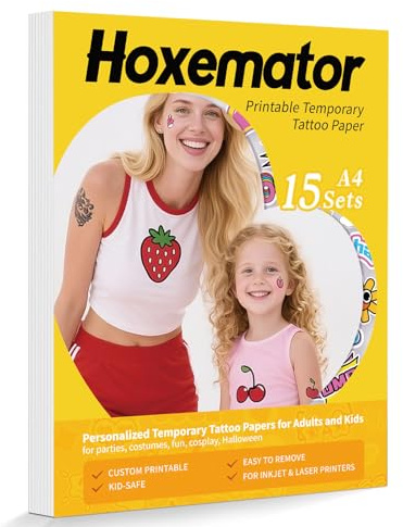 Hoxemator Tattoo papper för utskrift [15 ark] tillfällig tatuering överföringsfolie för laserskrivare och bläckstråleskrivare tryckbar vattentransfer tatueringar överföringspapper för fest cosplay