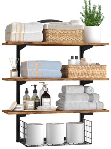 BCOZLUX 3 Tier Floating Shelf with Storage Baskets, Wall Mounted Bathroom Shelves Over Toilet, Wood Wall Shelves for Kitchen, Bedroom, Living Room, Home Organization and Decor, Rustic Brown