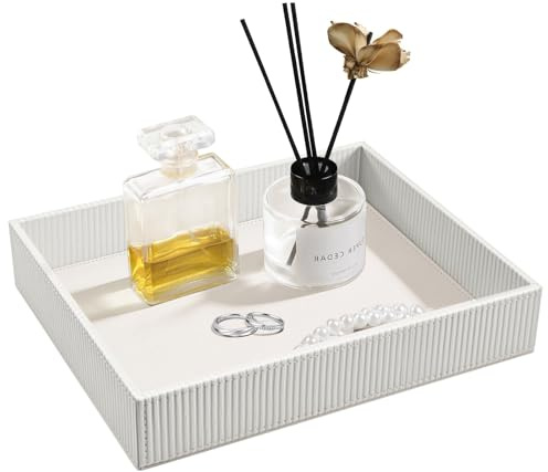 SITHON Valet Tray Desk Organizer PU Leather Catchall, Stripe Pearl White | Bedside Vanity Tray Nightstand Caddy Coin Box Key Jewelry Storage Organiser, Graduation
