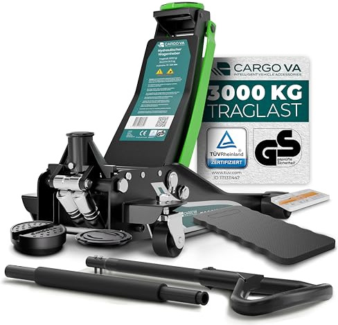 Hydraulisk domkraft 3T MAX – domkraft med fotpedal platt för personbilar SUV och sänkta bilar – TÜV & GS-certifierad – 75–505 mm – CargoVA