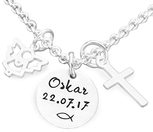 Taufschmuck Junge Gravur Taufgeschenk personalisiert MEINE TAUFE Kreuz & Engel 925 Silber Taufkette Name Taufdatum Christenfisch Schutzengel
