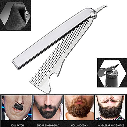 Faltender Bartkamm Multifunktion Flaschenöffner Taschenkamm Mit Anti-Statik Für Das Fell & Kämmen Von Haaren, Bärten Und Schnurrbärten Rostfreier Stahl