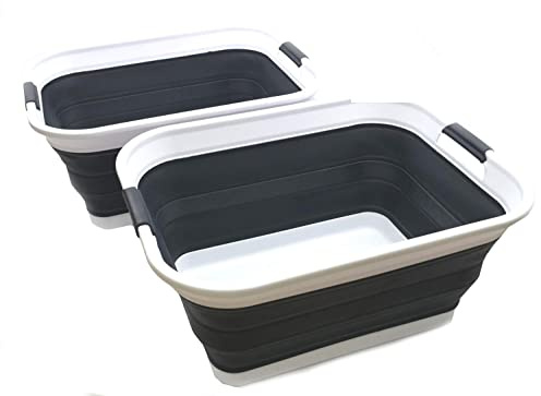 SAMMART 42L(11 gallon) Set of 2 Collapsible Plastic Laundry Basket-Foldable Pop Up Storage Container-Portable Washing Tub-Space Saving,Water capacity 34L(9 gallon) (2 rectangular - strengthen, black)