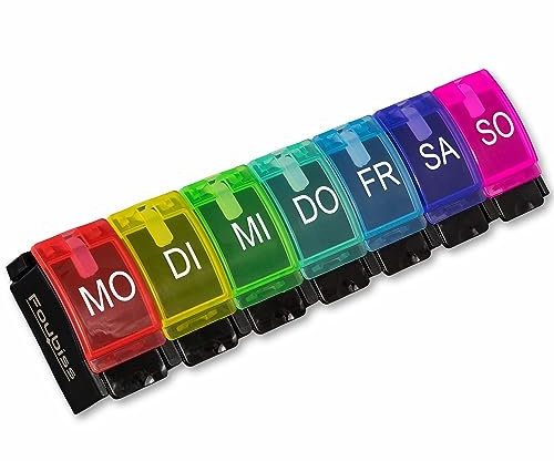 Foubiss - Tablettenbox 7 Tage mit Druckknopf - BPA frei - Medikamentenbox große Fächer - perfekt für Unterwegs - Pillendose 7 Fächer morgens - Bunt