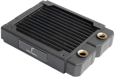 Dracaena.io 120mm Copper Water Cooling Radiator, 28mm, 2 G1/4 Ports, Black | Copper & brass · 14 micro-channels · G1/4 · ITX/SFF loop · fits EK, Alphacool, Barrow, XSPC builds