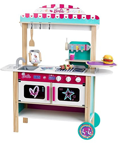 Theo Klein 7324 Barbie Restaurant Bistro, wood (MDF) I With barbecue, oven and refrigerator I incl. bistro accessories I Toy for children aged 3 and over