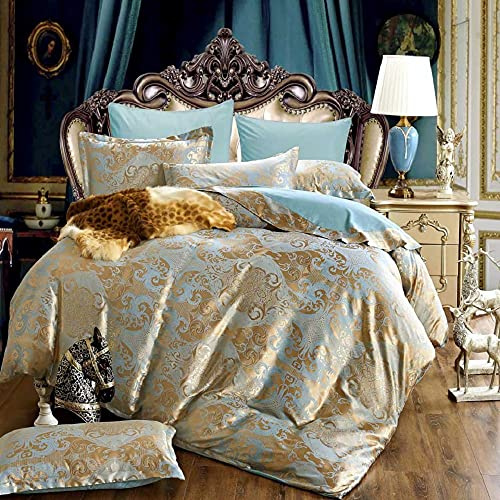 DXHOME Ropa de cama de satén, 220 x 240 cm, jacquard, microfibra, color dorado, amarillo y azul, reversible, 3 piezas, 100% transpirable, agradable para los días calurosos en verano, diseño de flores