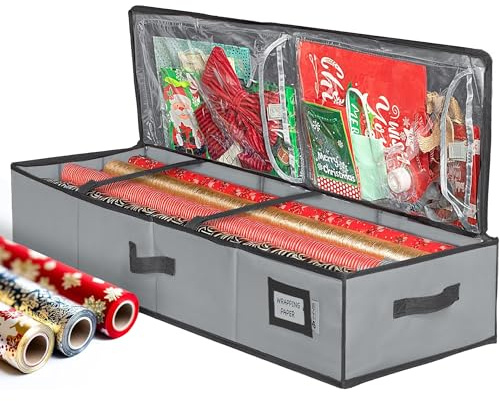 Premium Geschenkpapier-Aufbewahrungsbehälter – strapazierfähiges Material 600D reißfest – passend für bis zu 27 Papierrollen – Extra Taschen für Bänder und Schleifen –