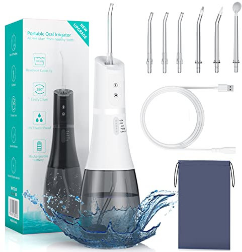 Portable Water Dental Flosser for Teeth Cordless Rechargeable Oral Irrigator with 5 Modes 40-140PSI for Teeth Cleaning IPX7 Waterproof (White)