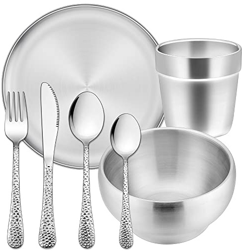 HaWare Kindergeschirr Set, 7-teilig Edelstahl Kinderbesteck ab 3 Jahre, Kleinkind Gehämmertes Besteck Set mit Kinder Gabel/Messer/Löffel/Teller/Müslischale/Tasse, Ungiftig & Gesund, Spülmaschinenfest