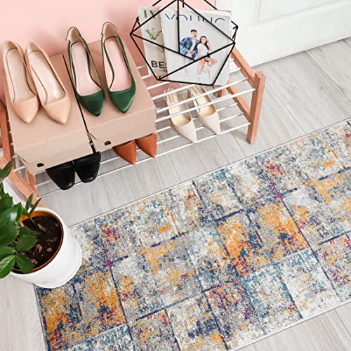 Mazovia Teppich Läufer Flur - Modern Abstraktes Teppichläufer - Kurzflor Flurläufer für Vorzimmer, Schlafzimmer, Küche - ÖKO-TEX Zertifiziert - Meterware - Grau Gelb - 70 x 150 cm