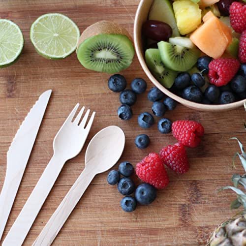 Commerline 300 Stück Einweg Besteck Set | 100 Holzlöffel + 100 Holzgabeln + 100 Holzmesser Set | Einweggeschirr Set aus Holz | Einwegbesteck Holzbesteck (100 Löffel & 100 Gabeln & 100 Messer)