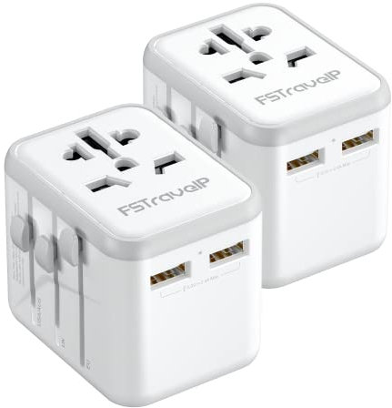 2 Pack Universal Travel Adapter, Travel Plug Adapter Worldwide with 2 USB and 1 AC Socket, FSTravelP International Travel Adapter for EU, USA, UK, Australia, Universal Plug Adaptor for Multi Countries
