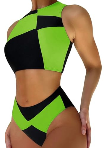 EVELUST Womens Colorblock Shego Costume - Sexy Rave Festival Outfit Black Green Swimsuits High Neck Crop Top High Waisted Bottom Bikini Sets Adults Cosplay Halloween Costume (Blackgreen,L,1085w)