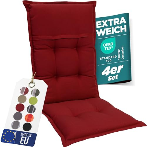 gardisun Gartenstuhlauflagen Hochlehner, 4er Set, Rot | Extra Dicke Sitzauflagen, Made in EU, Polsterauflagen für Hochlehner Gartenstuhl, Auflagen mit hoher Lichtechtheit