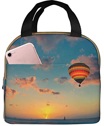 XVBCDFG Bolsa de almuerzo con globo de aire caliente al atardecer, caja de almuerzo aislada para mujeres y hombres, bolsa de mano ligera y duradera para la e