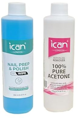 ican London Nail Gel Polish Prep Wipe 250ml + Pure Acetone Nail Polish Remover UV GEL Soak Off 250ml Combo Sets