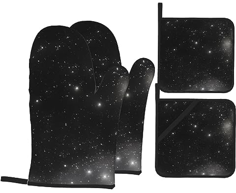 Set di guanti da forno e presine in bianco e nero con motivo galassia, resistenti al calore, 4 pezzi, per cucina, cottura, grigliate, barbecue