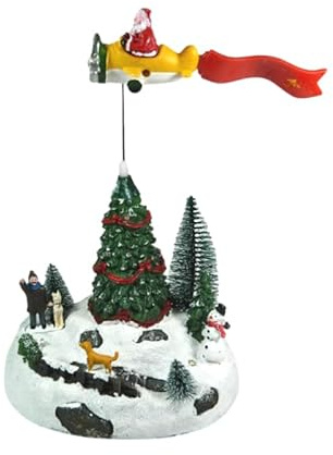 BESCH Escena de Navidad Avión de Papá Noel 13x16x18cm con Iluminación, Música y Movimiento - Pueblo de Navidad con Musica - Decoracion Navideña