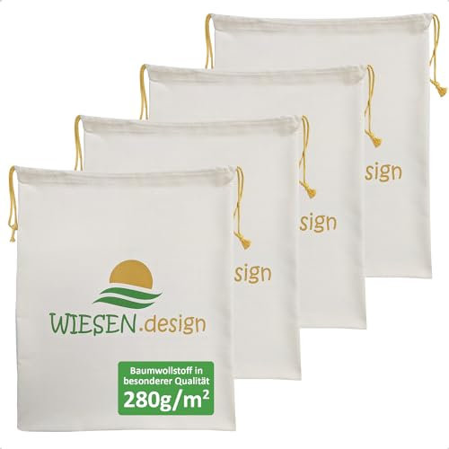 WIESEN.design Wäschesack 4er-Set B38xH45cm, einzigartig in 280 g/m² schwerer Baumwolle, natürlich, strapazierfähig, waschbar und reißfester Stoffbeutel mit Kordelzug, Wäschebeutel Reise, Wäschesäcke