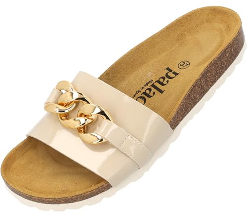 Palado Pantoletten Damen Gozo - bequeme Sandalen Made in Spain - Hausschuhe mit dämpfendem Kork-Fußbett - modische Sommerschuhe Beige Lack UK9 - EU42