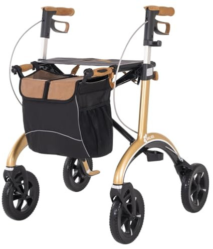 Saljol Carbon Rollator in Vollausstattung, 5,6 kg Leichtgewichtrollator mit Sitz, Rückengurt, Tasche, Stockhalter, Klingel und LED-Licht | faltbare Outdoor-Gehhilfe, Sitzhöhe 54 cm, Gold