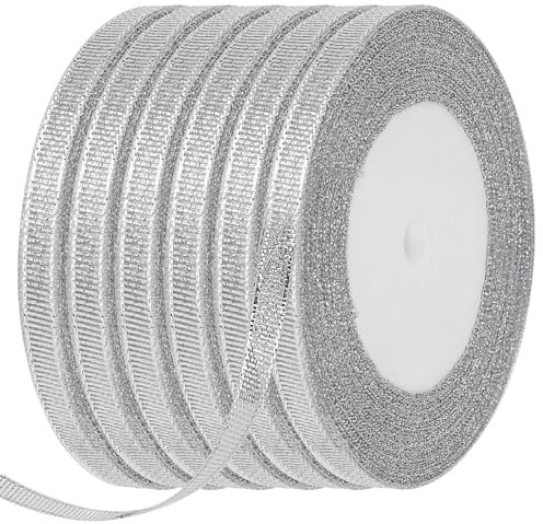Geschenkband Silber, 6 Rollen 6mm x 132 m Silberne Bänder, Schimmernde Durchsichtige Organzabänder, Silbernes Kräuselband, Dünnes Glitzerband zum Verpacken von Geschenken, Basteln, Dekorationen
