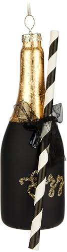 BRUBAKER Bottiglia di Champagne con Cannuccia - Pallina di Natale in Vetro Dipinto a Mano - Bottiglia di Champagne da 16 cm in Oro Nero Opaco - Decorazione per Albero di Natale Soffiata a Bocca
