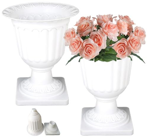 Urn Planter 2PCS 13,8 Pouces Plastique en Plastique Blanc jardinière Urnes avec Vase de piédestal rétro de Fleur de Mariage de Mariage Classique jardinière extérieur décoratif pour Balcon de Porche d