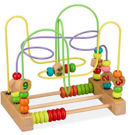 Relaxdays Motorikschleife, Holz Motorikspielzeug, Früchte & Zahlen, ab 18 Monaten, Holzspielzeug, Kinderspielzeug, bunt, 1 Stück
