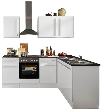 Jazz 8 Moderne Eckküche ohne Elektrogeräte in Weiß Hochglanz, Metallic Grau - Geräumige Küchenzeile in L-Form mit viel Stauraum - 220 x 211 x 60 cm (B/H/T)