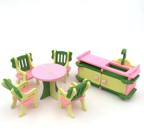 KARLOR 6 Stück Mini Möbel Set Holz Küche Miniatur Möbel Set Küchenspüle Esstisch 4 Stühle, Mini Szene Zubehör Deko 1:12 Miniatur Esszimmer Zubehör Accessories Furniture Models（Küche