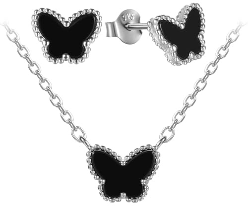 Evensee 925 Silver Fjäril Örhängen Set med Svart Onyx,Matchande Halsband Hypoallergent Smycke,Elegant Present till Kvinnor Jul Födelsedag