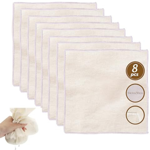 8 pièces Étamine Alimentaire 50x50cm Tissu Ourlé Mousseline Alimentaire, Lavable Réutilisable Grade 100 Toile en Coton Pur Non Blanchi, Passoire pour Filtrer Fromage Beurre Jus Lait de Noix