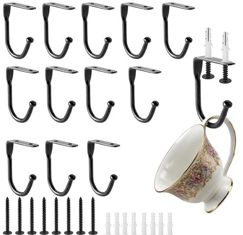 INCETUE 16 Pcs Cup Hooks, Metal Mug Holder Under Cabinet, Under Shelf Coat Hooks, Wall Mounted Tea Cup Holder with Screws Kit for Kitchen/Coffee Shop/Bar (Black)