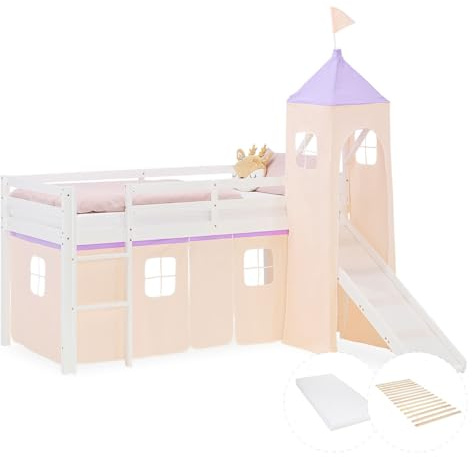 Homestyle4u Hochbett mit Rutsche & Matratze 90x200 cm Weiß, Kinderbett Holz