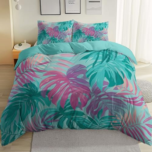 Duvet Cover Sage Green Bedding Set, Single Size （135 X 200 Cm） Tropical Palm Leaves Monstera Printed Duvet Set Microfiber Duvet Cover With 2 Pilowcase Soft Easy Care Hypoallergenic