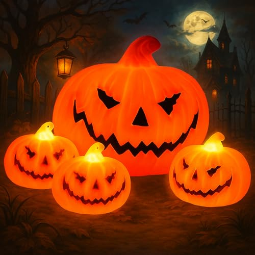 4 Stück Kürbis LED Licht, Halloween Deko Beleuchtet, Outdoor Laterne, Deko