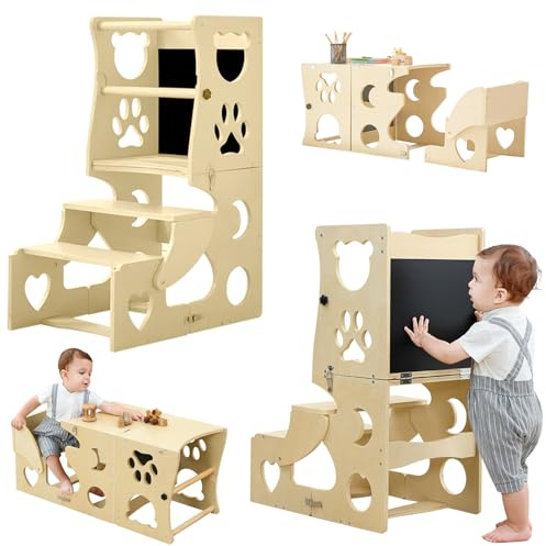 Toddler Kitchen Step Stool - 3 in 1 Montessori Toddler Standing Tower with Safety Rail & Chalkboard, Learning Standing Tower, Weaning Table, Wooden Kitchen Stool Helper for 1-3 Year Old Boy Girl Gifts