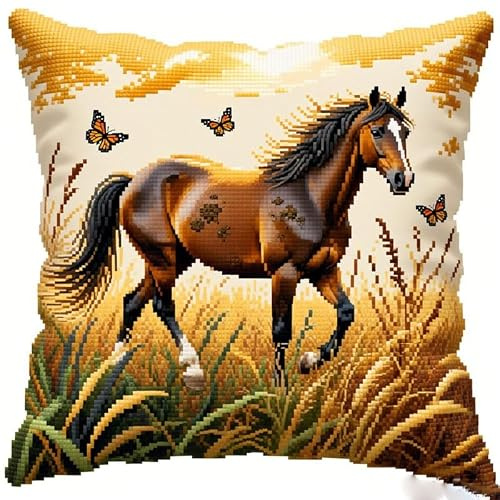 Henypt Coussin à Broder au Point de Croix,Des chevaux dans l'herbe d'automne,Kits De Points De Croix Estampillés Pour Adultes,DIY Décoration de canapé de Noël,45x45cm